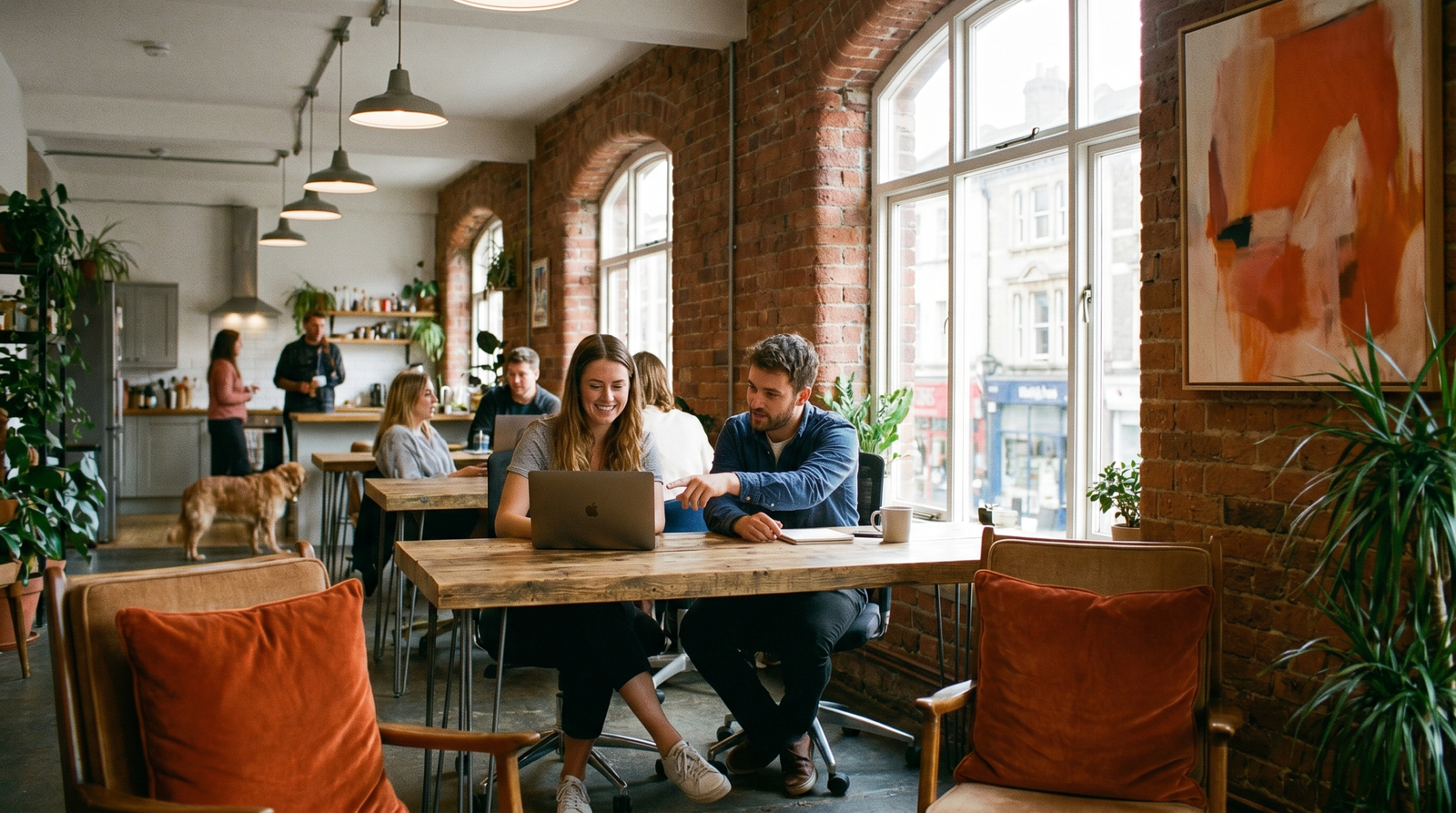 Two people working together in a warm Bristol co-working space — the team behind Bristol Vending