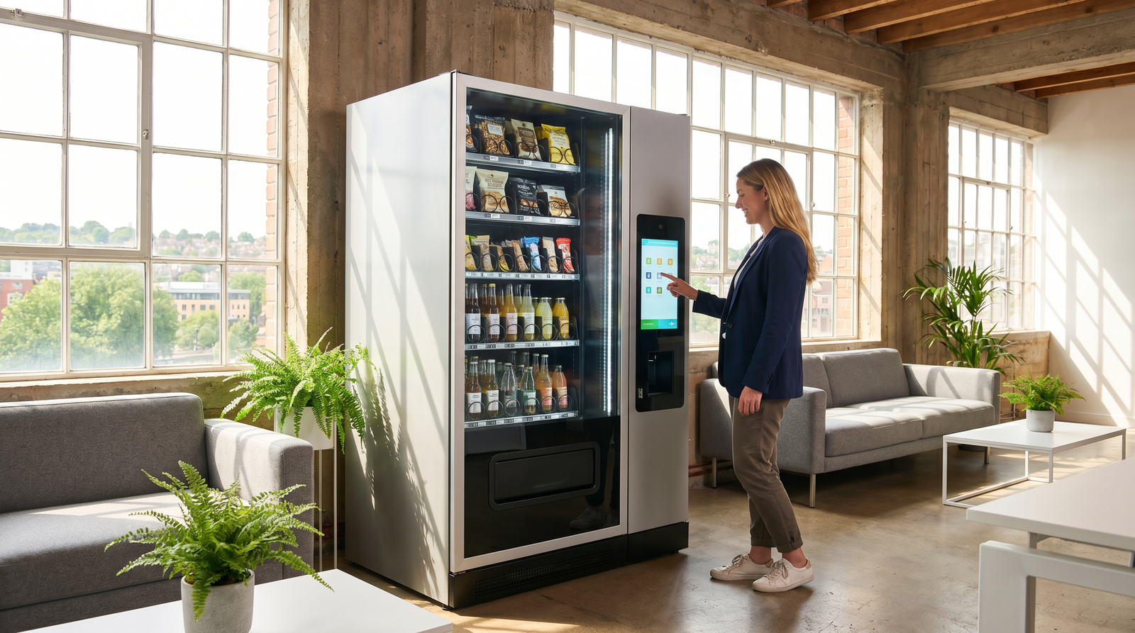 Free vending machine in a Bristol office breakout area — stocked with snacks and drinks